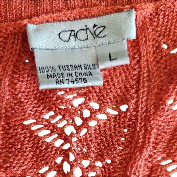 Cache Y2K Vintage 100% Tunisian Silk Sheer Open Knit Top Sz L Coral Boho Chic - Picture 3 of 11